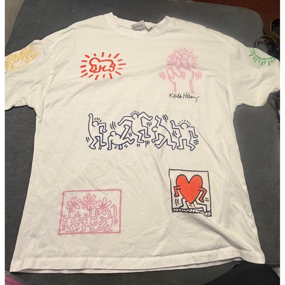 Keith Haring Graphic T-Shirt White Multi Color Pop Art Icons Mens Medium